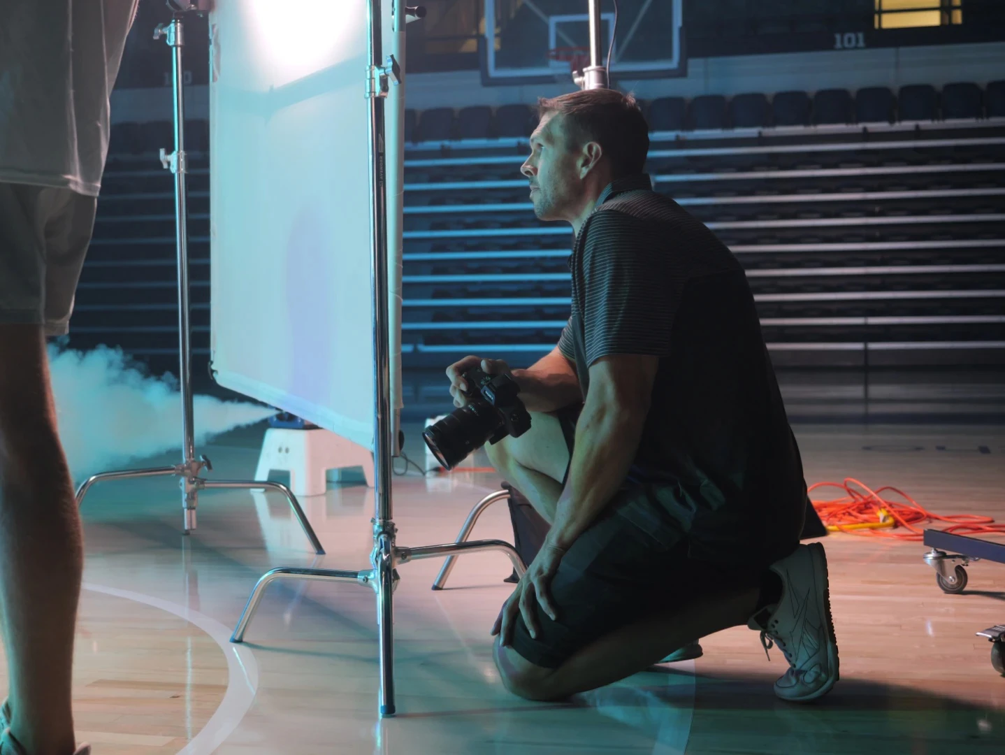 Video production crew filming on location in Wilmington, North Carolina